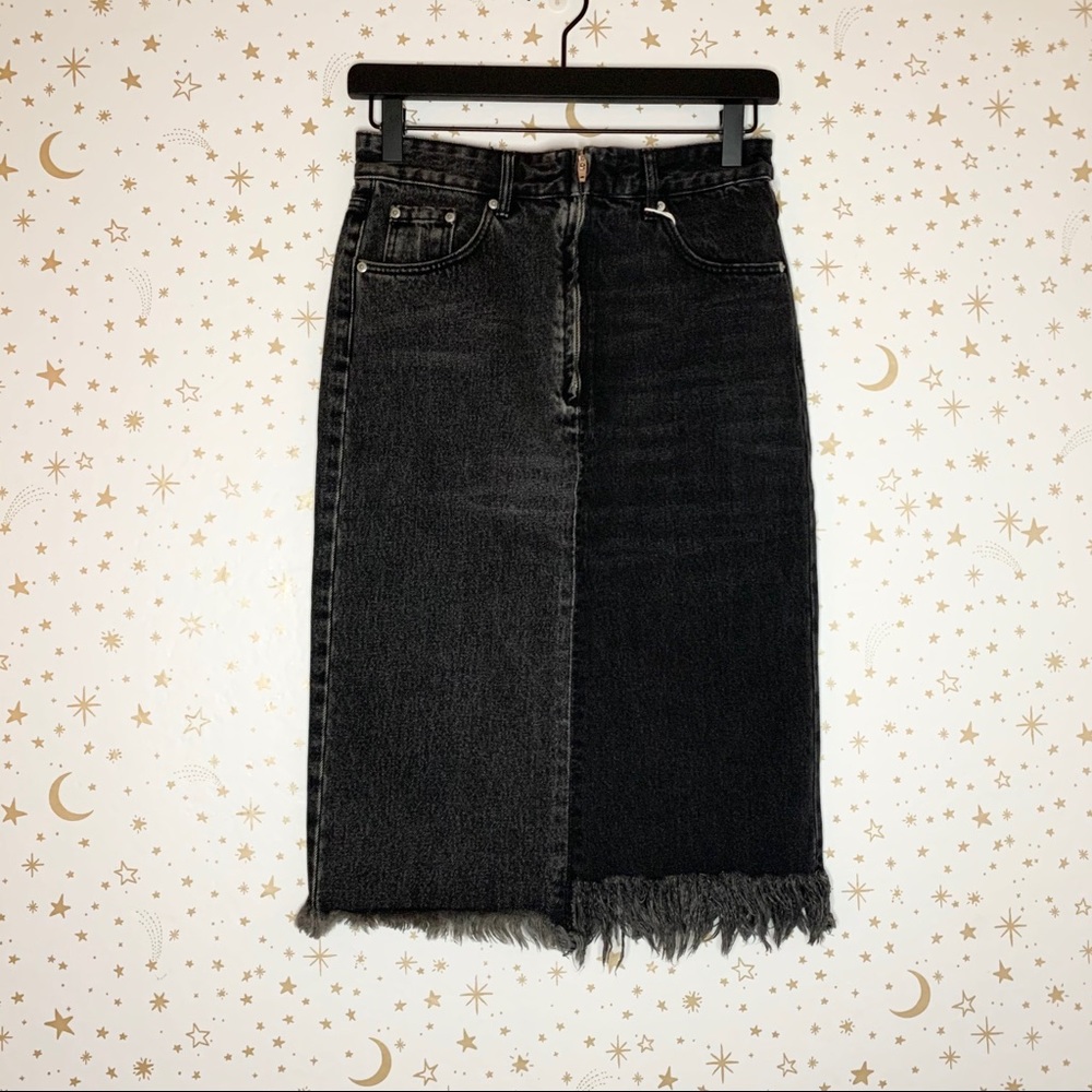 NEW Zara Two Tone Denim Midi Fringe Raw Hem Skirt